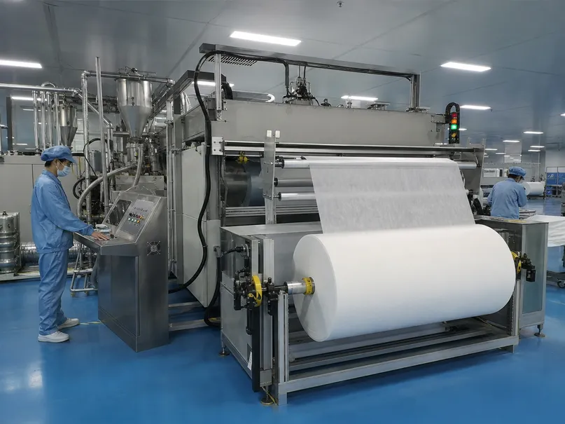 In-house meltblown nonwoven fabric production at eztio — the critical filtration layer manufactured on-site for supply chain control