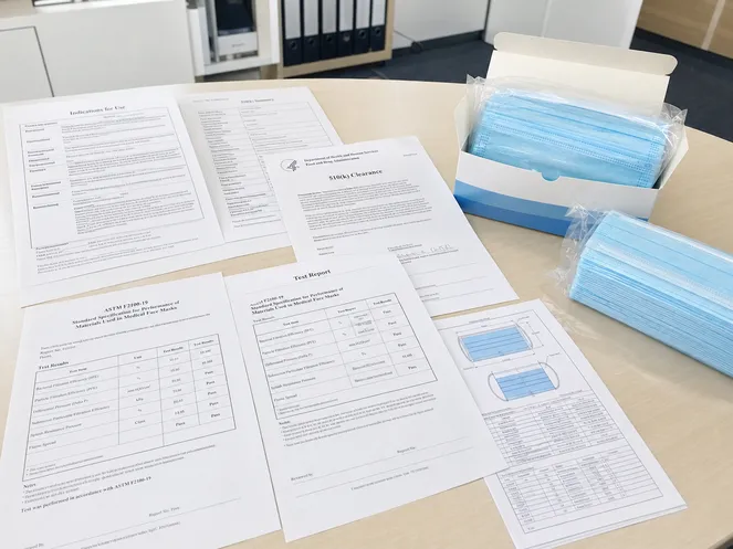FDA 510(k) clearance documentation and ASTM F2100 test reports for eztio surgical masks