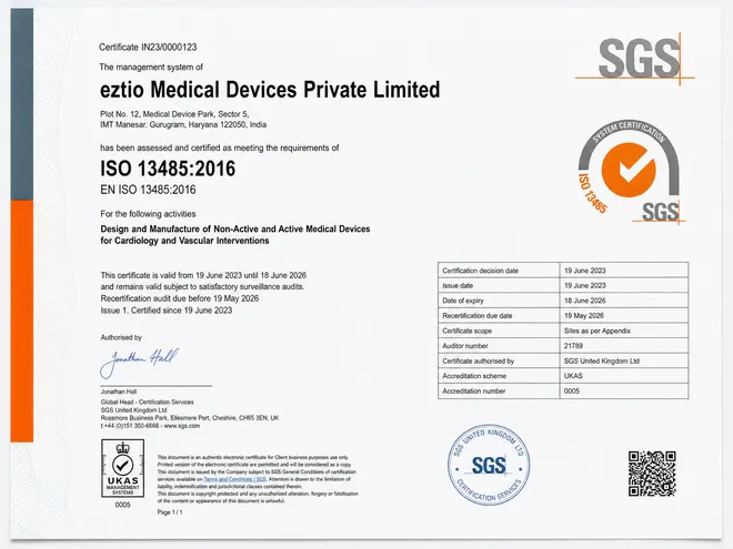 ISO 13485:2016 certificate issued by SGS for eztio medical device manufacturing