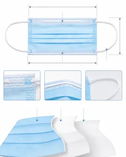 3 ply disposable medical mask flat lay showing dimensions and construction detail