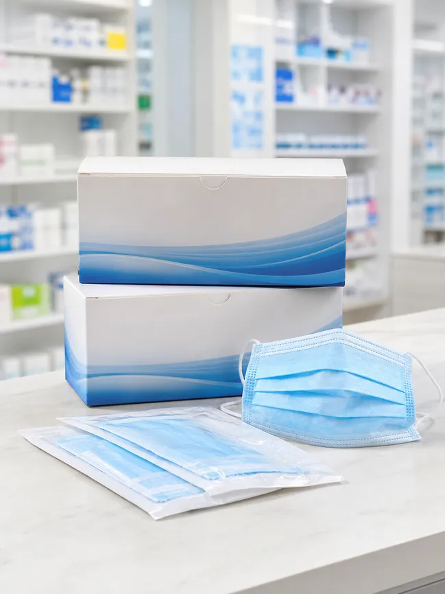 Pharmacy retail private label 3 ply mask packaging for consumer healthcare