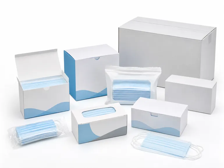 OEM private-label packaging options for 4-ply disposable medical masks showing retail and clinical box formats