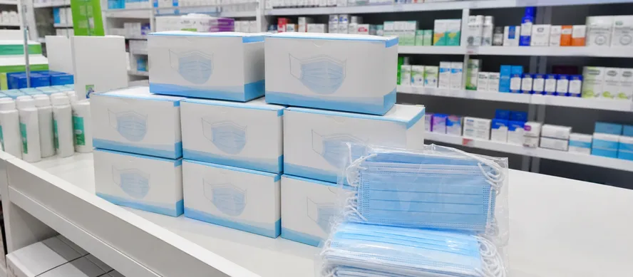 4-ply medical masks displayed in pharmacy retail healthcare setting