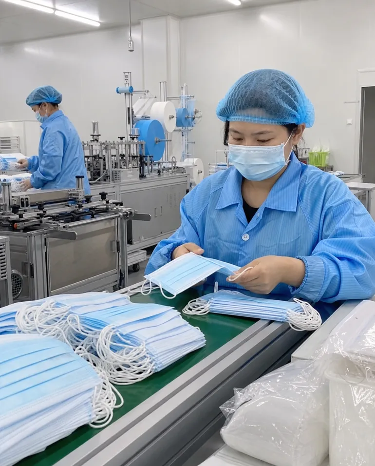 Production line quality inspection process for 4-ply medical masks at eztio manufacturing facility