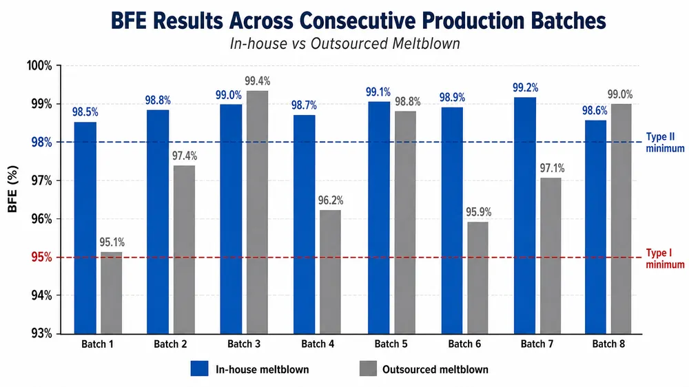 BFE Batch Consistency: In-House vs Outsourced Meltblown Bar chart comparing BFE test results across multiple production batches showing consistent vs variable performance
