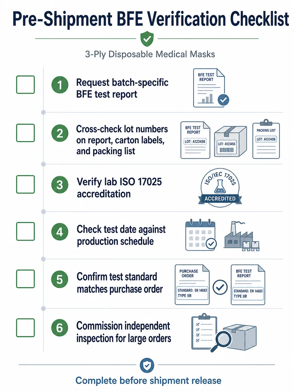 Pre-Shipment BFE Verification Checklist Pre-shipment BFE verification checklist for 3-ply disposable medical mask buyers showing six steps from report request to lab accreditation check