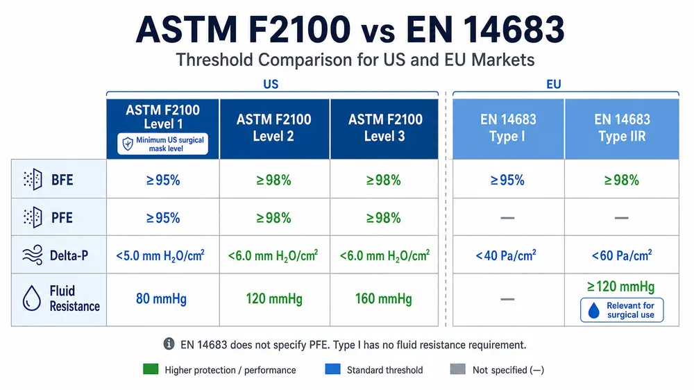 Side-by-side comparison table of ASTM F2100 Level 1/2/3 and EN 14683 Type I/IIR threshold values for BFE, PFE, Delta-P, and fluid resistance