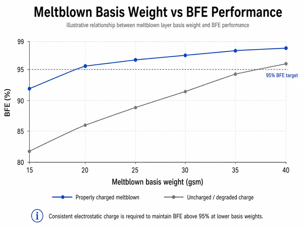 Chart showing the relationship between meltblown nonwoven basis weight and BFE filtration efficiency in 3 ply disposable medical masks