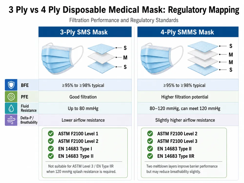 Chart mapping 3-ply and 4-ply disposable mask configurations to ASTM F2100 and EN 14683 regulatory standards