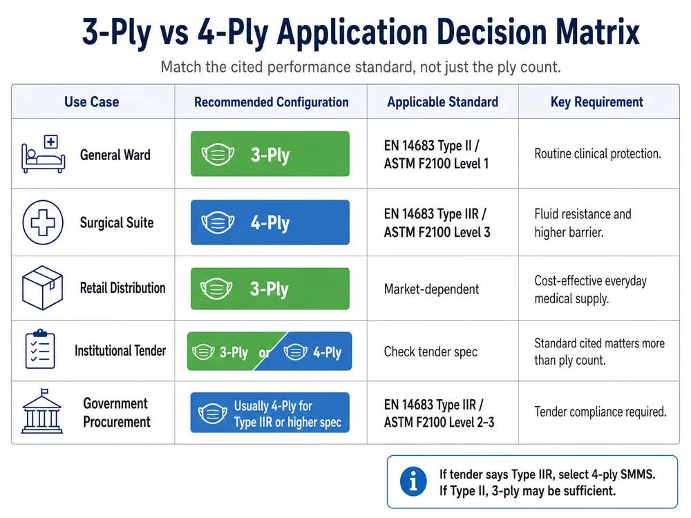 Decision matrix showing which disposable mask ply configuration fits different clinical and distribution use cases