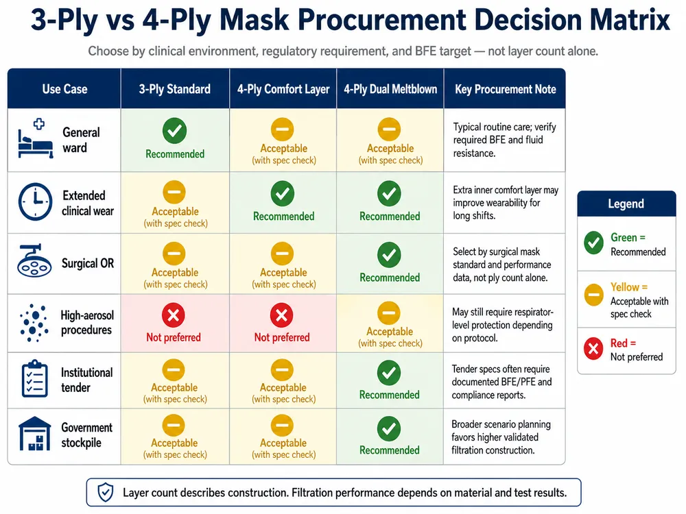 3-Ply vs 4-Ply Mask Procurement Decision Matrix Decision matrix comparing 3-ply and 4-ply disposable medical mask specifications across clinical use cases and regulatory standards