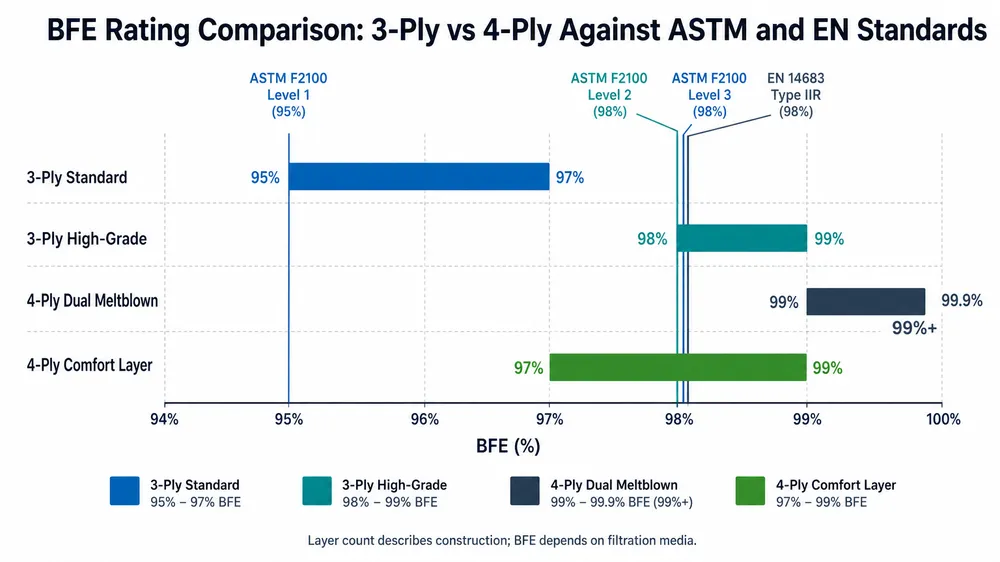 BFE Rating Comparison: 3-Ply vs 4-Ply Against ASTM and EN Standards Bar chart comparing BFE ratings of 3-ply and 4-ply disposable masks against ASTM F2100 and EN 14683 standard thresholds
