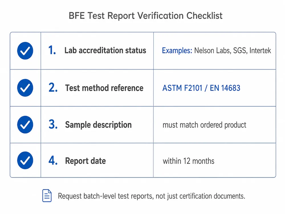 BFE Test Report Verification Checklist Checklist showing required fields to verify on a BFE test report for 4-ply disposable medical mask sourcing