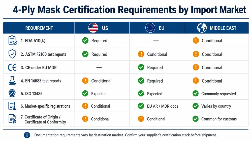 4-Ply Mask Certification Requirements by Import Market Table showing required certifications for importing 4-ply disposable medical masks into US, EU, and Middle East markets