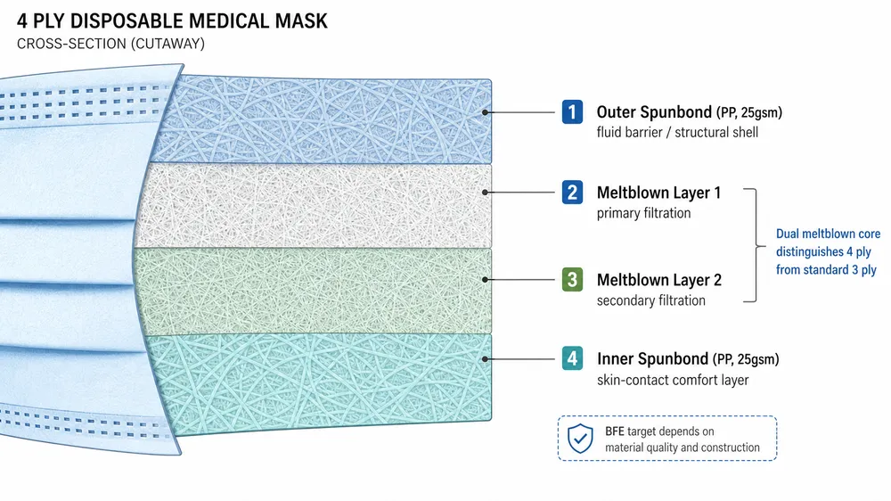 Inside the 4 Ply Disposable Medical Mask: Layer Structure, Meltblown Placement, and BFE Targets