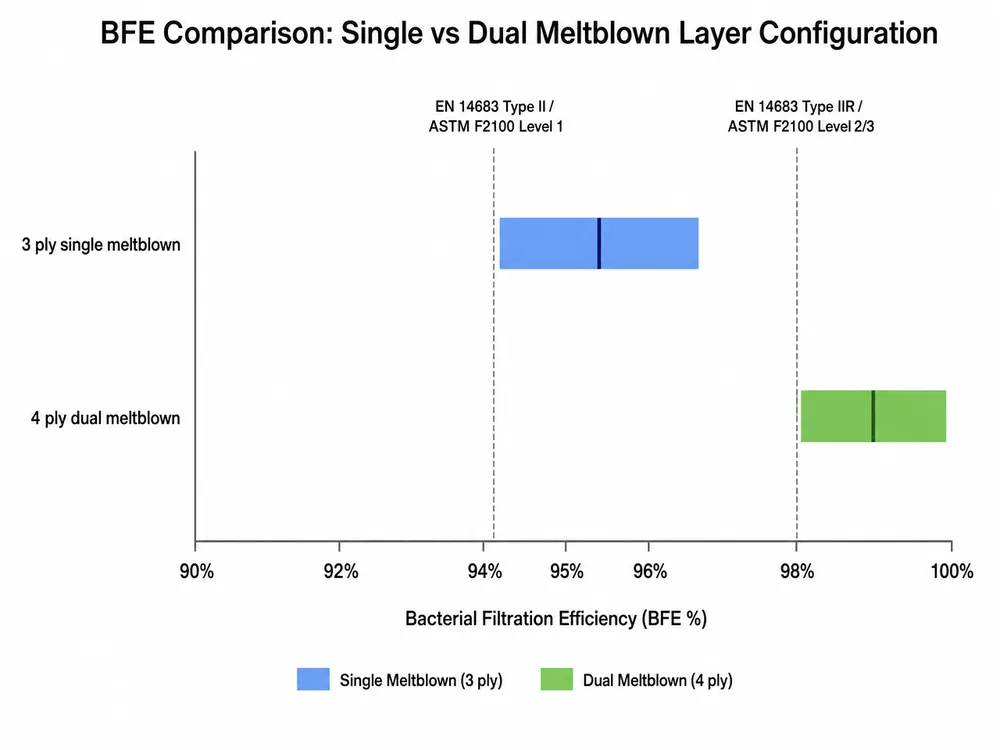 Bar chart comparing BFE performance of single meltblown 3 ply mask versus dual meltblown 4 ply mask against EN 14683 and ASTM F2100 thresholds
