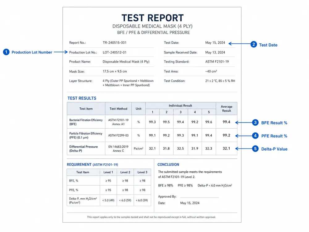 Annotated guide showing key parameters to check on a disposable medical mask BFE test report including test date, lot number, BFE percentage, PFE percentage, and Delta-P value