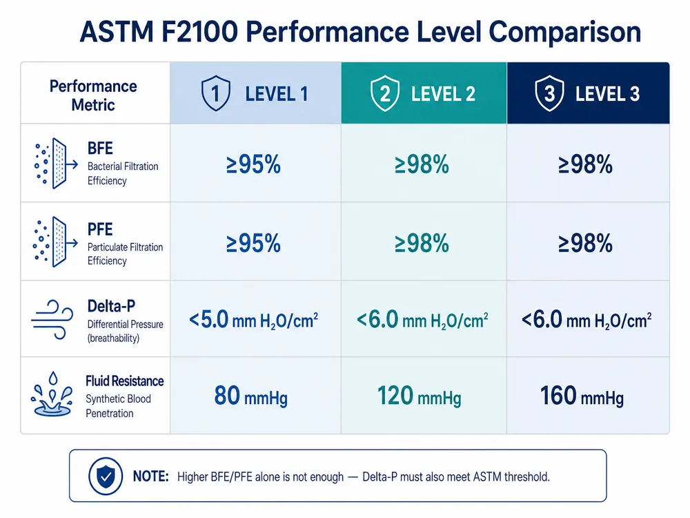 ASTM F2100 Performance Level Comparison Chart ASTM F2100 Level 1 vs Level 2 vs Level 3 comparison chart showing BFE, PFE, Delta-P, and fluid resistance thresholds