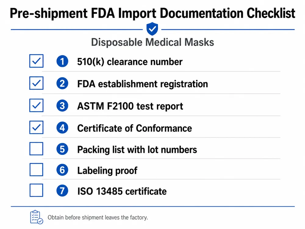 FDA Import Documentation Checklist for Disposable Medical Masks Checklist of required FDA import documents for disposable medical masks including 510k number, ASTM test reports, and Certificate of Conformance