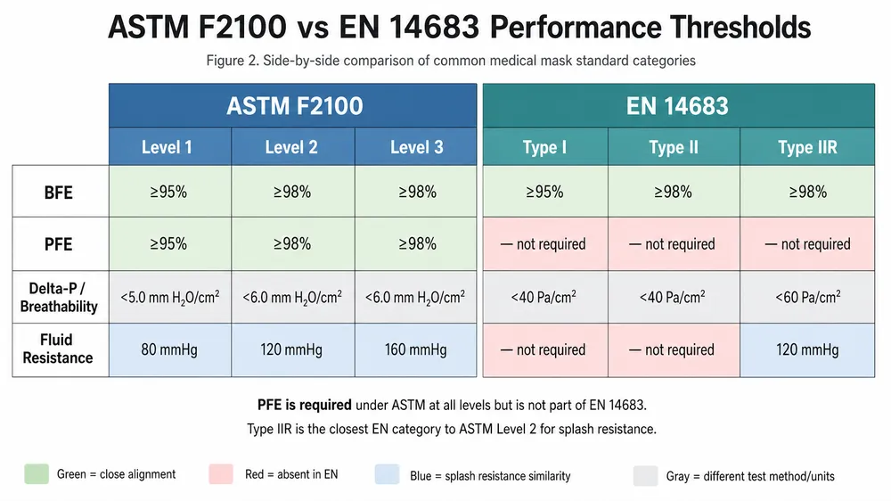 ASTM F2100 vs EN 14683 Comparison Side-by-side comparison chart of ASTM F2100 Level 1 2 3 versus EN 14683 Type I Type II Type IIR performance thresholds