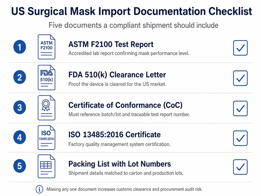 US Surgical Mask Import Documentation Checklist Documentation checklist for US surgical mask import including ASTM F2100 test report, FDA 510k clearance, and ISO 13485 certificate