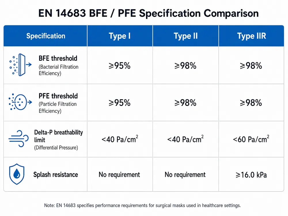 EN 14683 Mask Type BFE/PFE Specification Chart EN 14683 BFE and PFE specification comparison chart for Type I, Type II, and Type IIR surgical masks