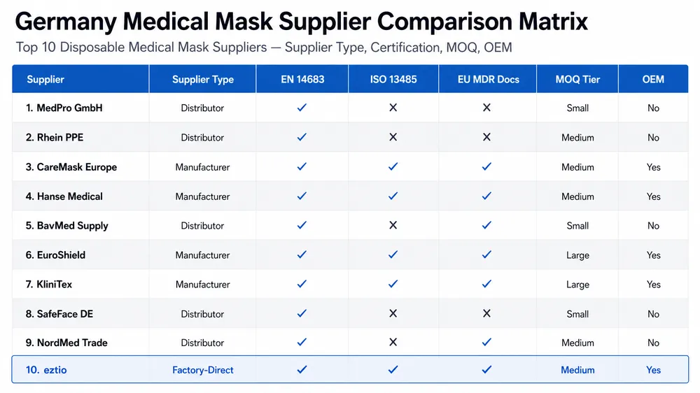 Germany Medical Mask Supplier Comparison Matrix Comparison matrix of top 10 disposable medical mask suppliers serving Germany by supplier type, certification, and MOQ