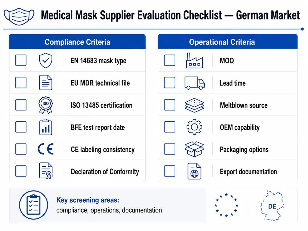 Medical Mask Supplier Evaluation Checklist — German Market Supplier evaluation checklist for disposable medical mask sourcing in Germany covering EN 14683 compliance and EU MDR documentation