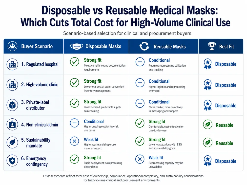 Disposable vs Reusable Mask Buyer Decision Matrix Decision matrix showing which clinical and procurement scenarios favor disposable vs reusable medical masks