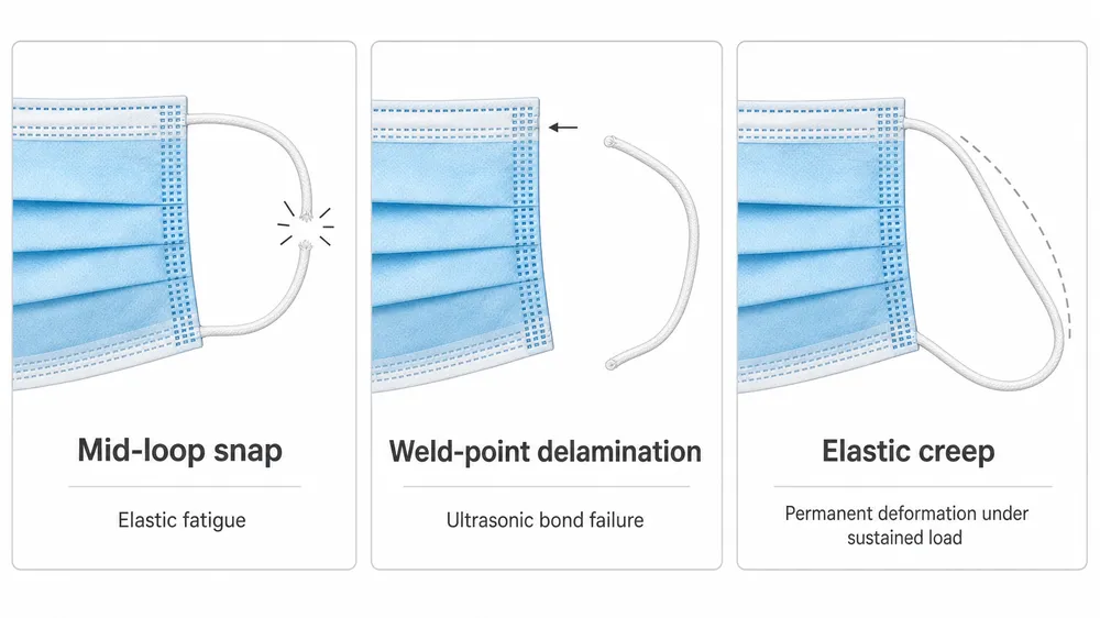 Ear Loop Failure Modes in Disposable Medical Masks Three ear loop failure mode diagrams showing snap failure at mid-loop, weld-point delamination, and elastic creep deformation
