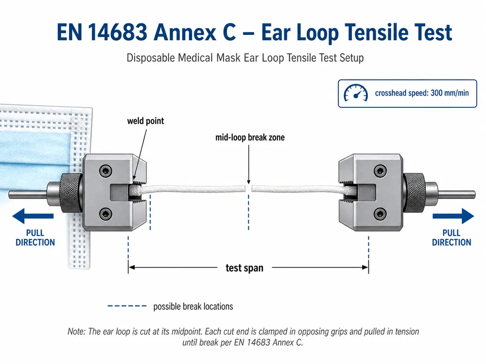 Ear Loop Tensile Test Method Diagram showing ear loop tensile test setup with loop cut at midpoint and both ends clamped in a tensile tester