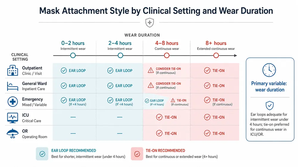 Mask Attachment Style by Clinical Setting and Wear Duration Visual guide showing recommended mask attachment style by clinical setting and wear duration for hospital procurement