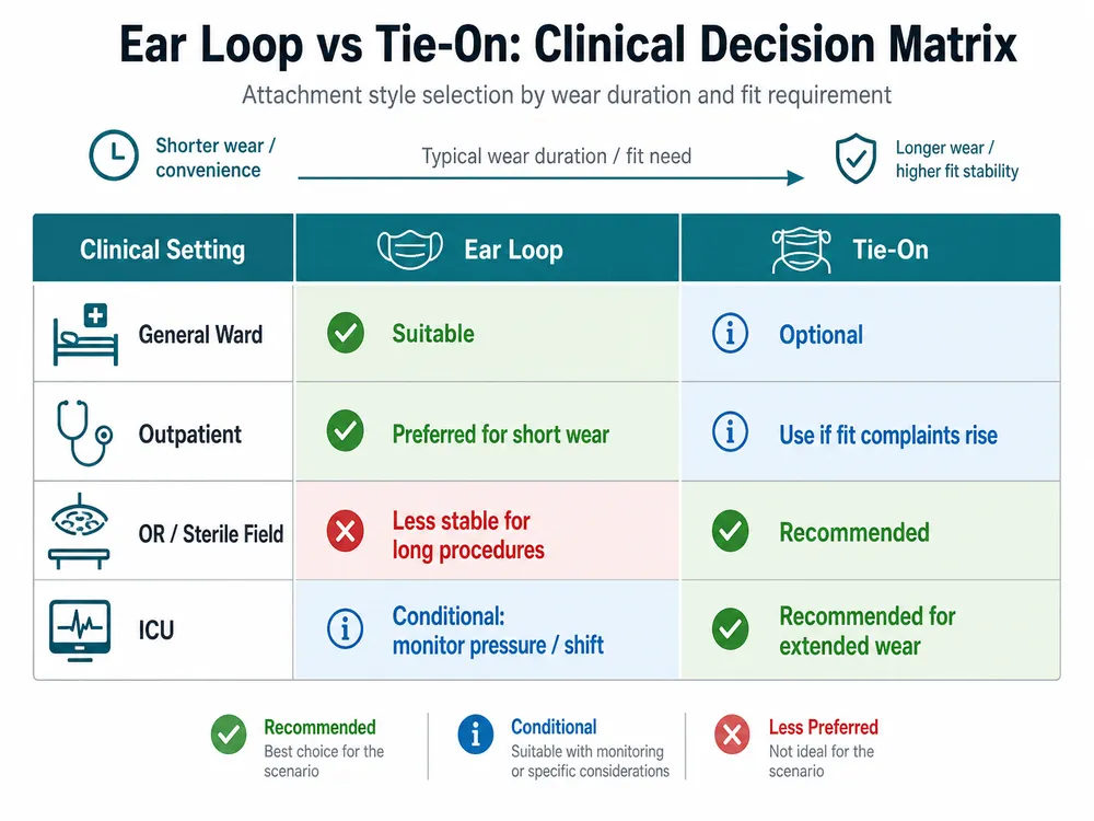 Mask Attachment Style Clinical Decision Matrix Decision matrix chart mapping ear loop and tie-on mask attachment styles to clinical settings by wear duration and fit requirements