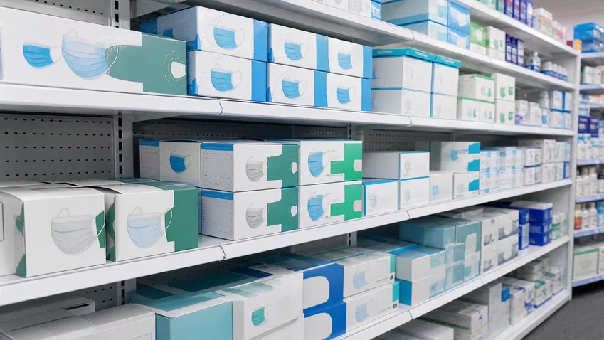Private-label medical masks on pharmacy retail shelves