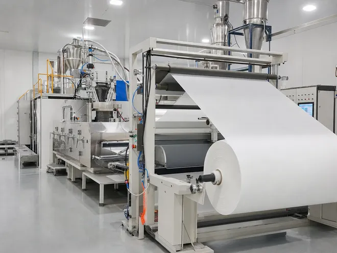 In-house meltblown nonwoven production line producing filtration media for disposable medical masks