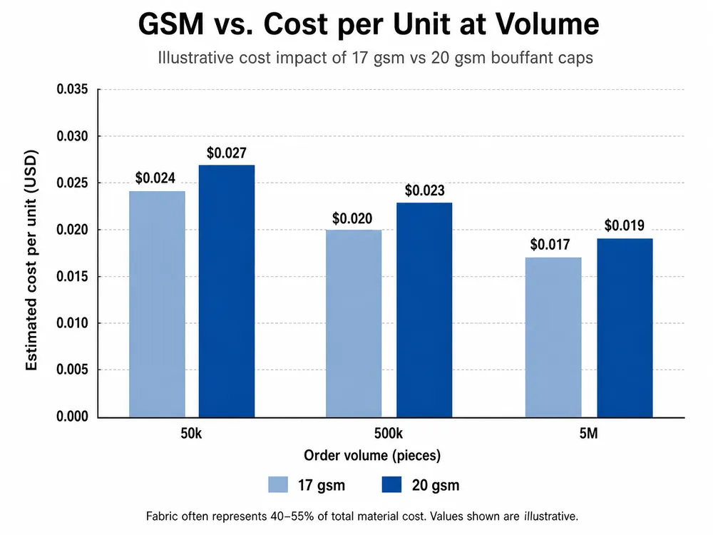 GSM vs. Cost per Unit at Volume Bar chart comparing per-unit cost impact of 17 gsm vs 20 gsm bouffant cap nonwoven fabric across order volumes of 50k, 500k, and 5M pieces