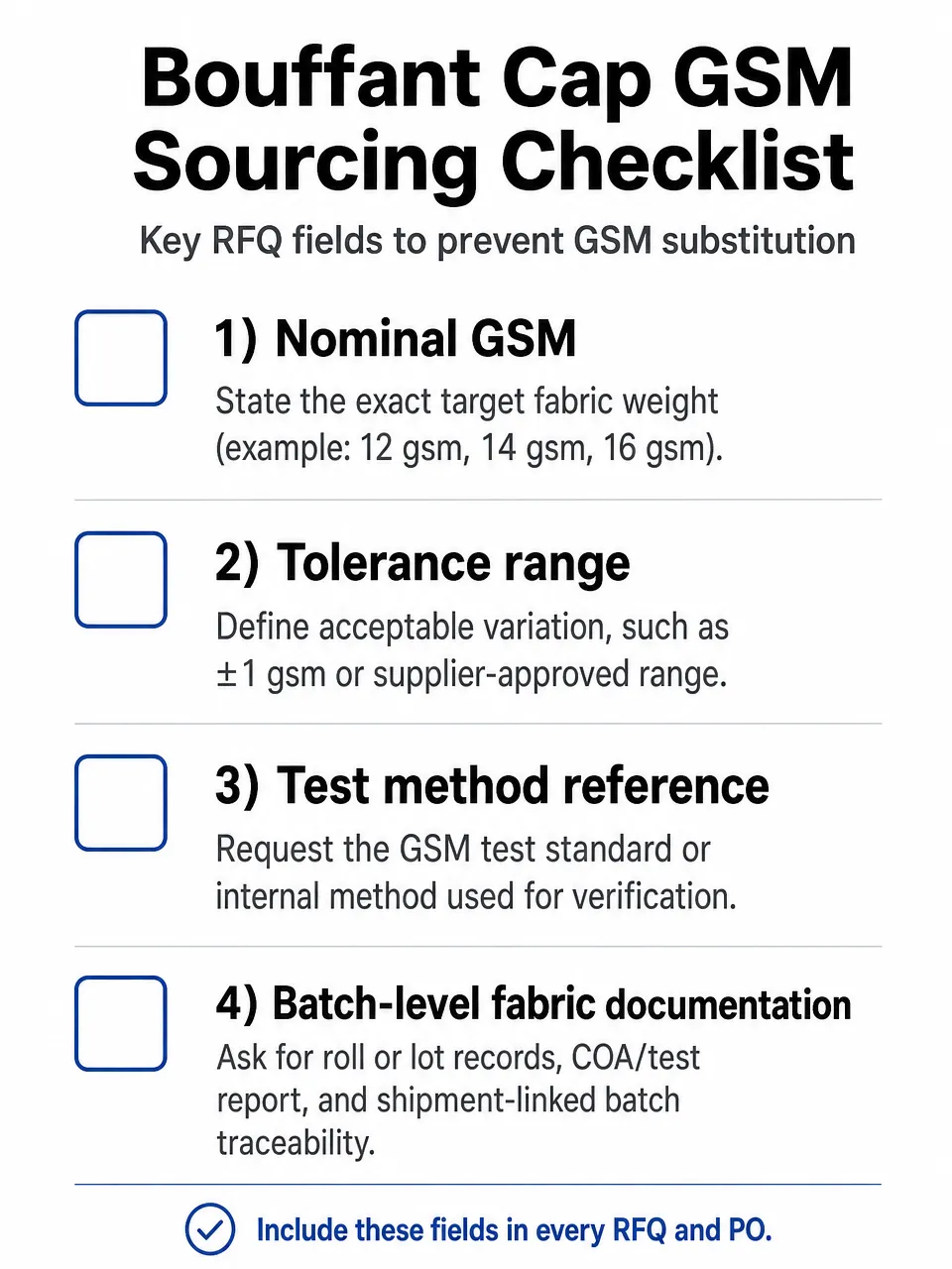 Bouffant Cap GSM Sourcing Checklist Sourcing checklist showing required GSM specification fields and documentation requests for bouffant cap procurement RFQ