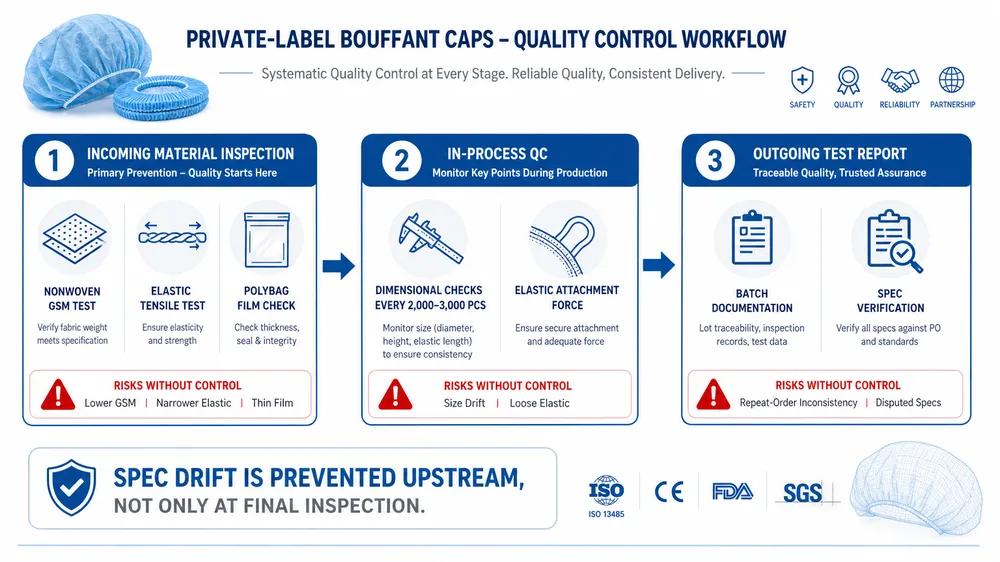 Upstream Controls That Prevent Bouffant Cap Spec Drift Diagram showing upstream material controls that prevent spec drift in bouffant cap private-label production across repeat orders