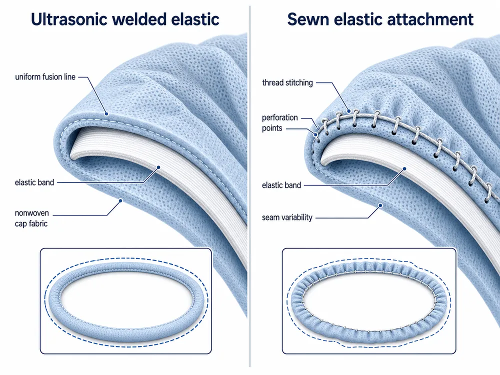 Cross-section diagram comparing ultrasonic welded elastic attachment versus sewn elastic attachment on a bouffant medical cap