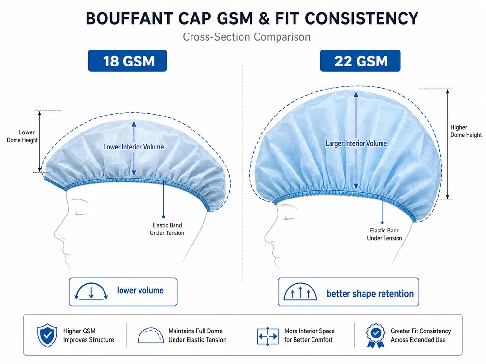 Bouffant Cap GSM vs Interior Volume Side-by-side cross-section of bouffant caps at 18 GSM and 22 GSM showing interior volume difference and dome shape retention