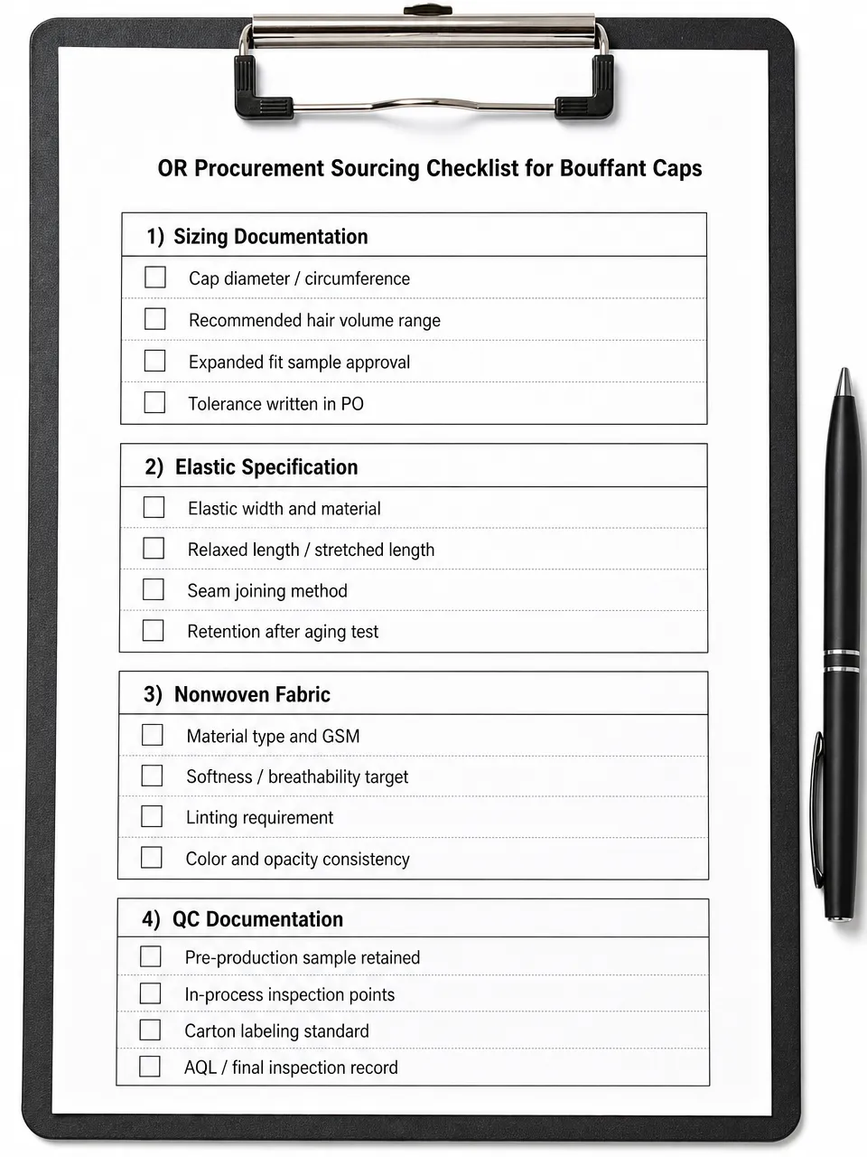OR Procurement Sourcing Checklist for Bouffant Caps Procurement checklist for bouffant medical cap high-volume OR orders covering sizing elastic and nonwoven spec verification