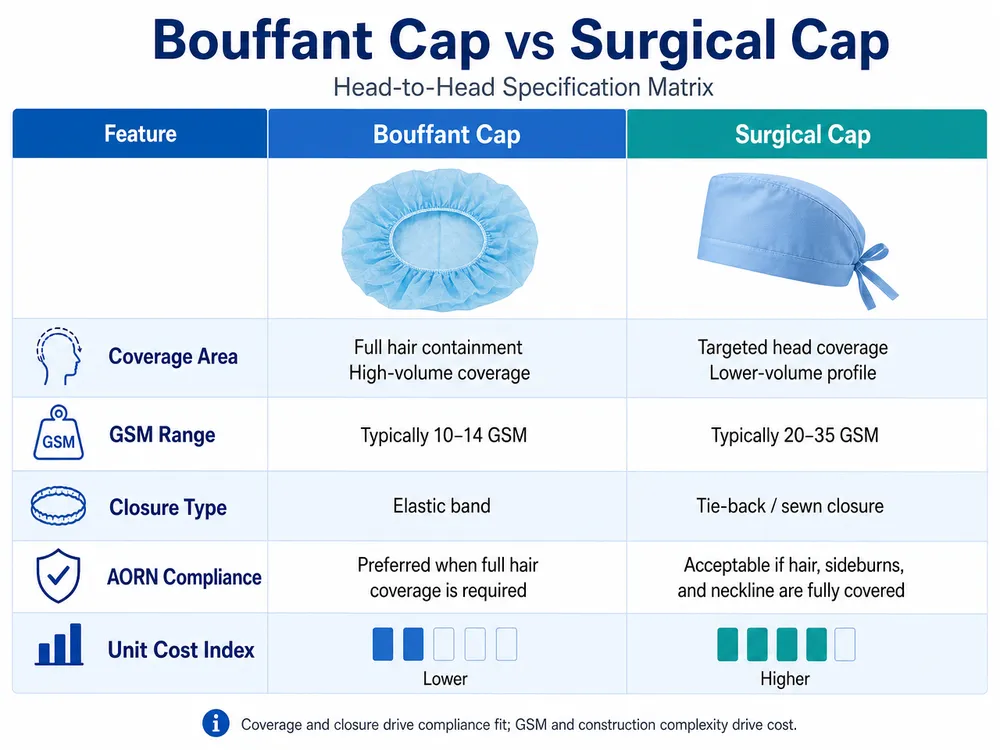 Visual specification matrix comparing bouffant cap and surgical cap across coverage, GSM, closure type, and compliance dimensions