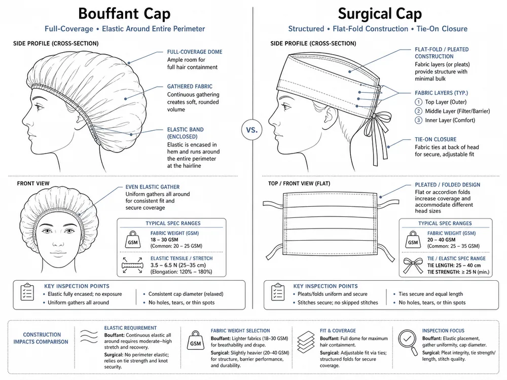 Side-by-side construction comparison of bouffant medical cap and surgical medical cap showing elastic band placement and fabric fold differences