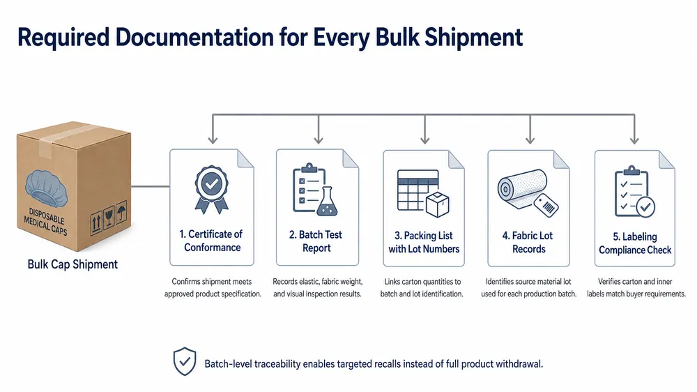 Documentation flow diagram for bulk disposable medical cap shipments showing CoC, batch test report, and lot traceability requirements