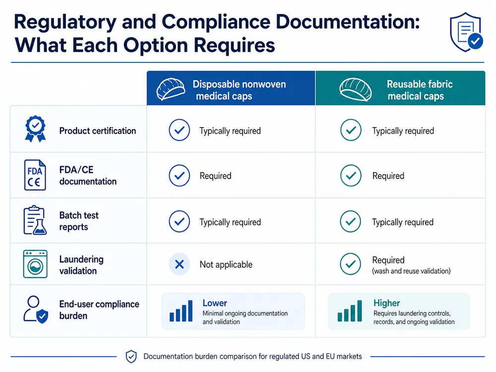 Compliance documentation comparison matrix showing required certifications and validation steps for disposable versus reusable medical caps in US and EU regulated markets