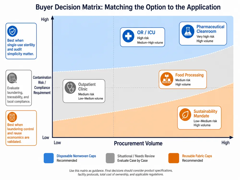 Decision matrix chart mapping medical cap procurement scenarios to recommended option based on volume, contamination risk, and compliance requirements