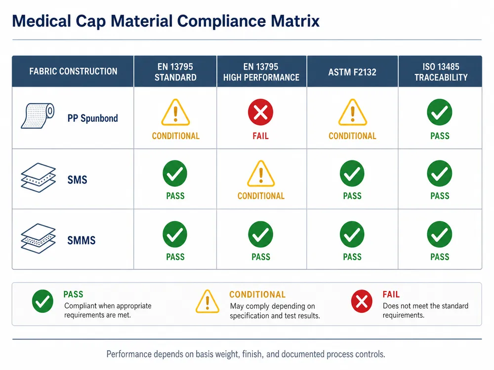 Matrix showing which nonwoven fabric constructions meet EN 13795, ASTM F2132, and ISO 13485 requirements for medical caps