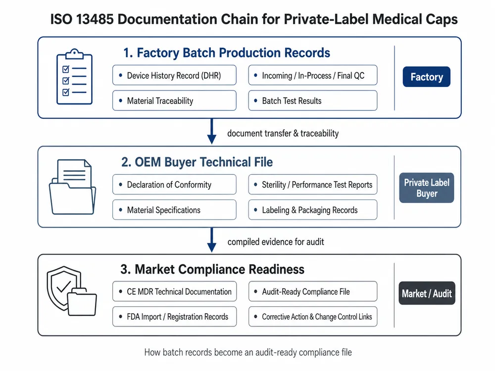 Flowchart showing the ISO 13485 documentation chain from factory batch records to private-label compliance audit readiness