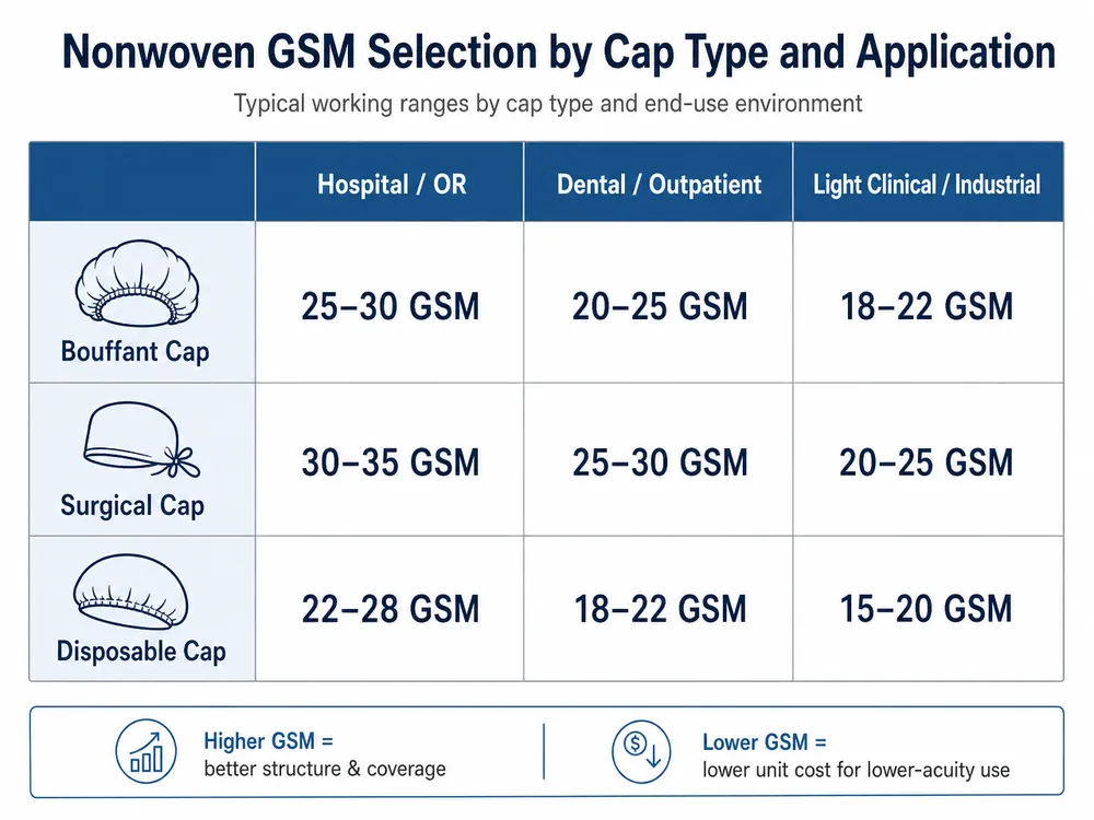 Chart comparing nonwoven GSM ranges for bouffant caps, surgical caps, and disposable caps across hospital, dental, and light clinical applications