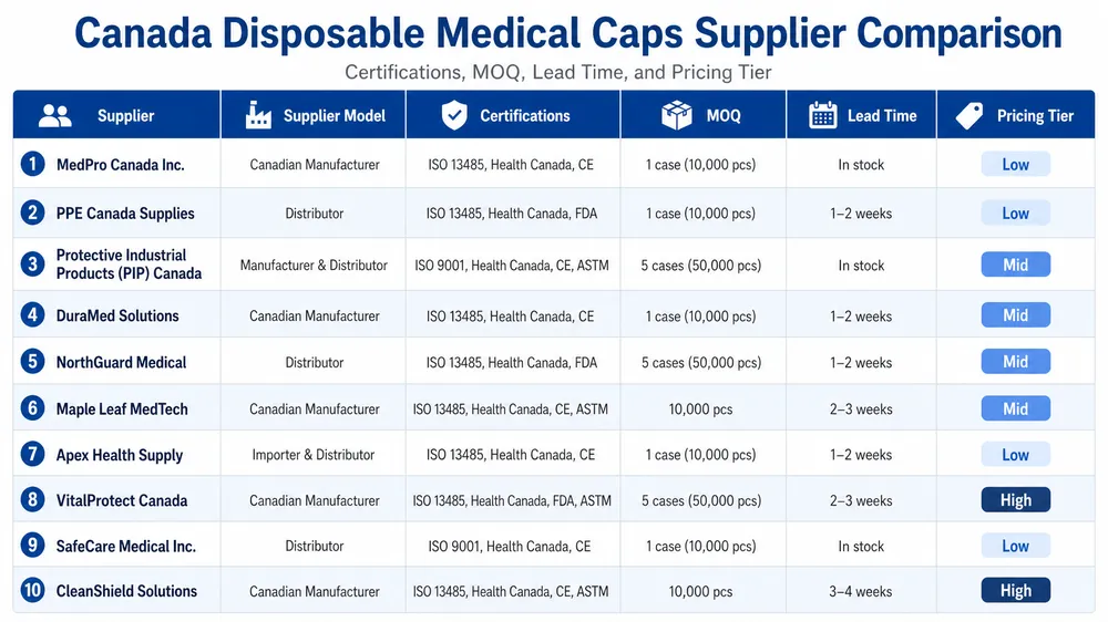 Comparison matrix of 10 disposable medical caps suppliers in Canada showing certifications, MOQ, lead time, and pricing tier